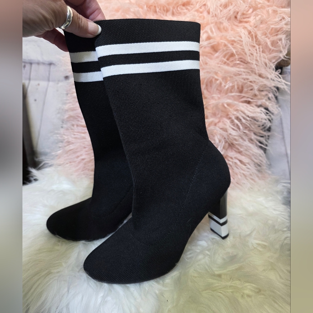 Circus by Sam Edelman Black Knit Sock Heeled Boots with White Stripes